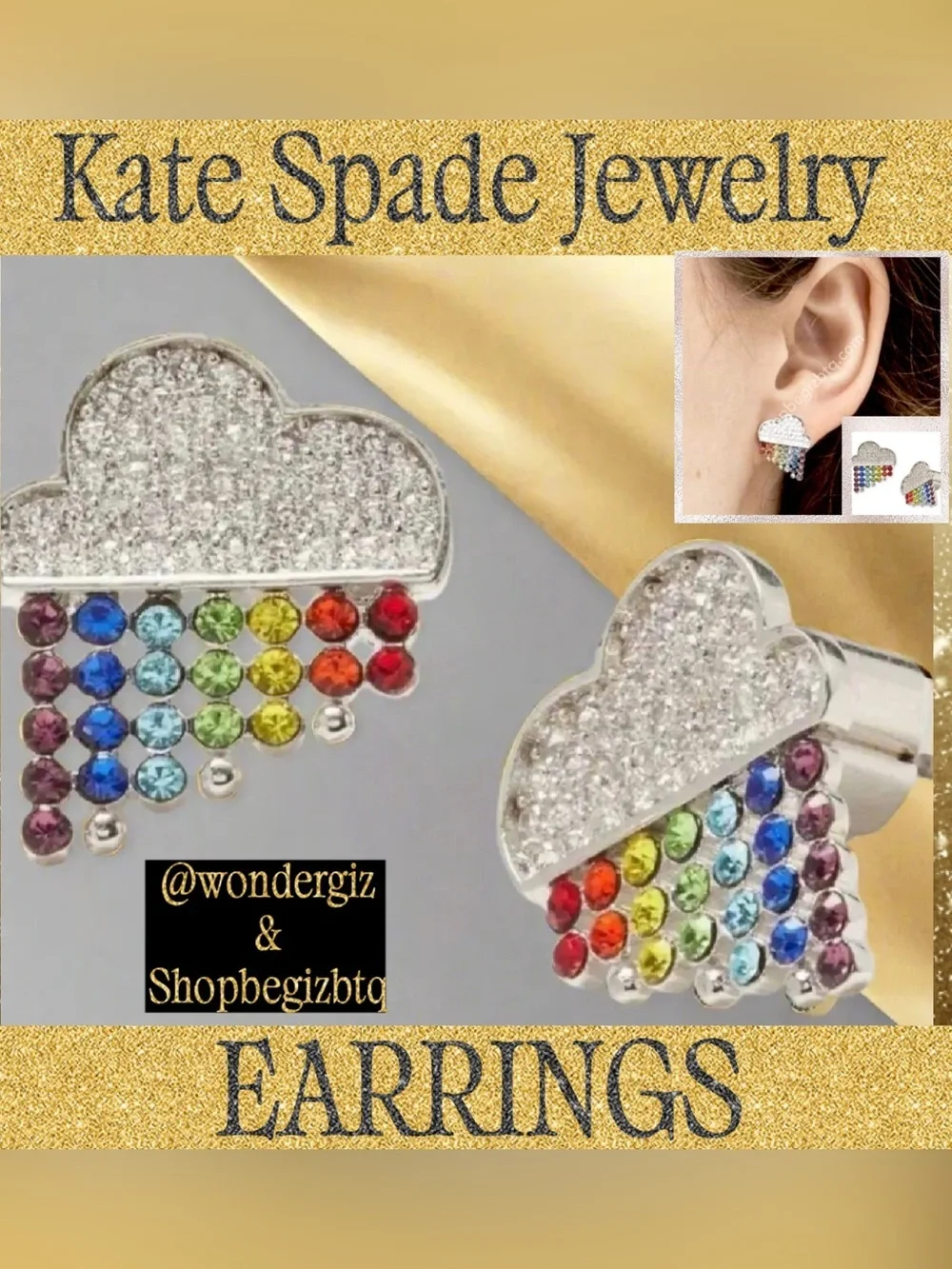 Kate Spade Authentic Into The Sky Raining Cloud Earrings Sliver Stud Multicolor